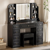 YYJ 42" Makeup Vanity Desk with Mirror and Lights, & Power Outl,Glass Top Big Vanity Table with 9 Drawers& 8 Storage Shelves,Dressing Table Set with Chair for Bedroom, Black.. YYJ