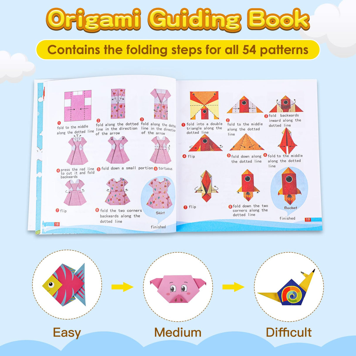 308 Sheets Origami Paper Kit for Kids Ages 5-8 8-12 with Guiding Book DIY Art and Crafts Supplies Kits for Girls and Boys Square Easy Fold Paper Travel Activities Birthday Christmas Gifts WOJASAL