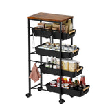 Landmok 5-Tier Slim Storage Cart, Wooden Top Rolling Kitchen Cart with Pull-Out Baskets & Wheels, Narrow Space Utility Cart Slide Out Organizer for Kitchen, Bathroom, Laundry Room, Black Landmok