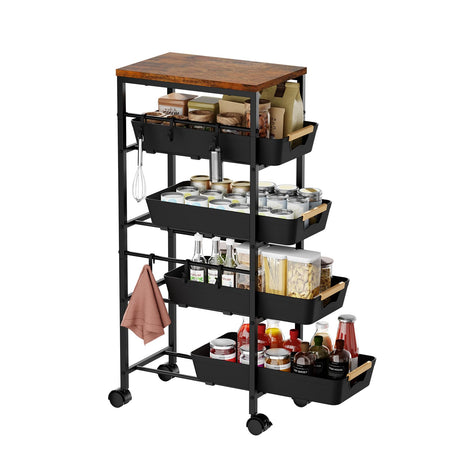 Landmok 5-Tier Slim Storage Cart, Wooden Top Rolling Kitchen Cart with Pull-Out Baskets & Wheels, Narrow Space Utility Cart Slide Out Organizer for Kitchen, Bathroom, Laundry Room, Black Landmok