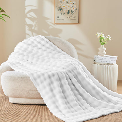 NEWCOSPLAY Throw Blanket for Couch White Super Soft Flannel Fleece 3D Bubble Lightweight Bed Blanket All Season Use (White, Throw(50"x60"))