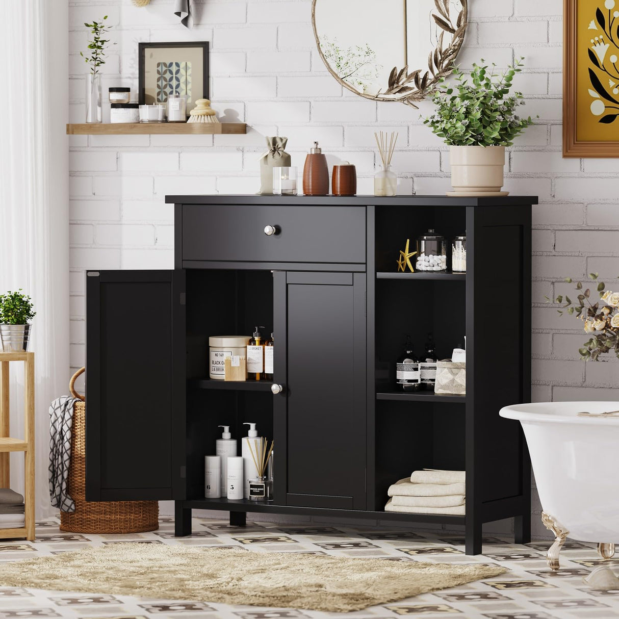Irontar Freestanding Bathroom Cabinet with Doors, Bathroom Floor Cabinet with Drawer & Adjustable Shelf, Kitchen Cupboard, Storage Cabinet for Bathroom, Living Room, Entryway, Black CWG001H Irontar