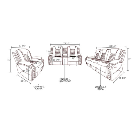 AYCP Multifunction Power Air Leather Recliner Sofa Set with LED Lights, Living Room Furniture, Reclining Sofa, loveseat, Chair with USB Port/Storage (Brown, 3 Pieces) AYCP