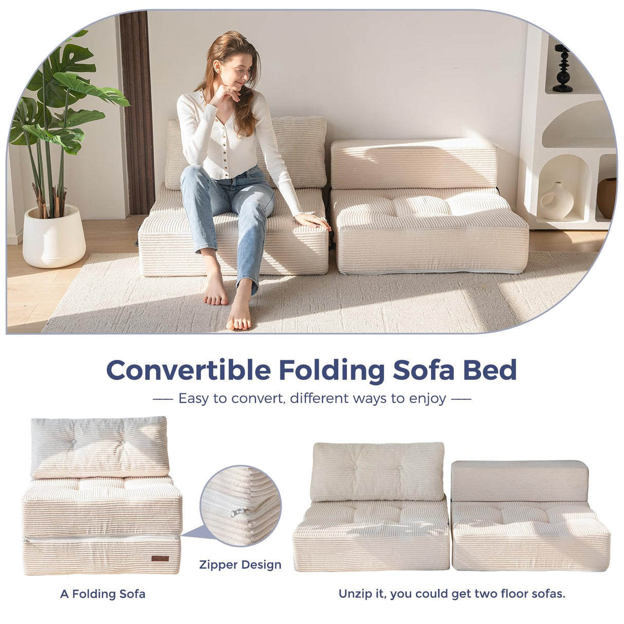 MAXYOYO Folding Sofa Bed, Convertible Sofa Bed with High-Density Support Foam, Portable 4 in 1 Fold Out Chair to Floor Lounger, Versatile Floor Couch for Living Room Bedroom, Beige MAXYOYO