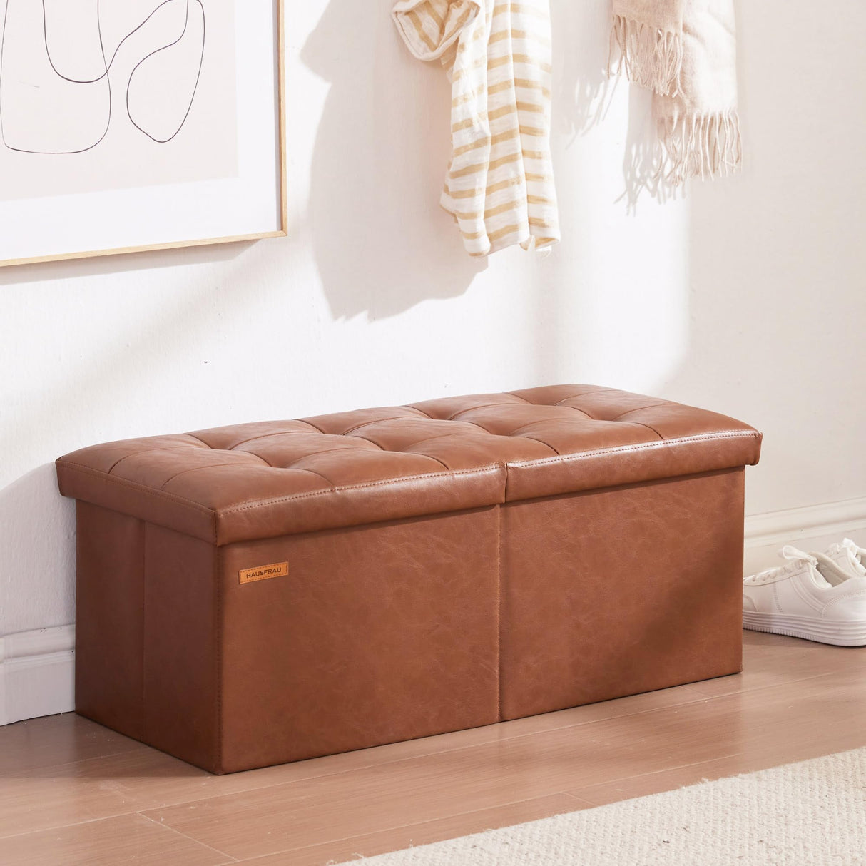 HAUSFRAU 31.5 Inches Ottoman with Storage Bench, Folding Ottoman Bench Small Foot Rest Stool, Bedroom Bench with Flipping Lid, Faux Leather Retro Brown HAUSFRAU