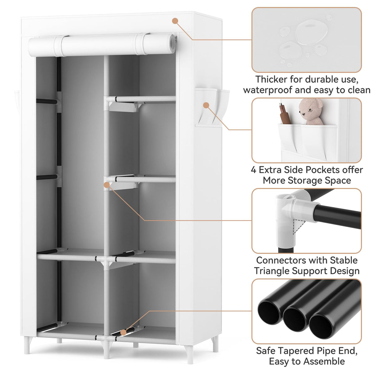 ROJASOP Portable Closet Wardrobe Closet for Hanging Clothes with 6 Storage Shelves, 1 Hanging Rod and 4 Pockets, Clothes Organizer and Storage Wardrobe Free Standing Closet for Bedroom, White ROJASOP