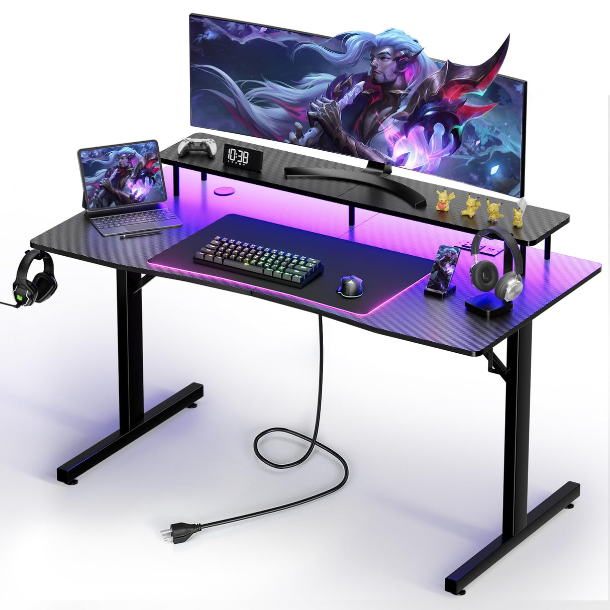 GTRACING Gaming Desk with LED Lights, 55 Inch Large Computer Gamer Desk with Monitor Stand & Power Outlet, Ergonomic Carbon Fiber Surface Gaming Table with Mouse Pad for Home Office, Carbon Black GTRACING