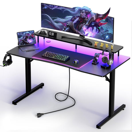 GTRACING Gaming Desk with LED Lights, 55 Inch Large Computer Gamer Desk with Monitor Stand & Power Outlet, Ergonomic Carbon Fiber Surface Gaming Table with Mouse Pad for Home Office, Carbon Black GTRACING