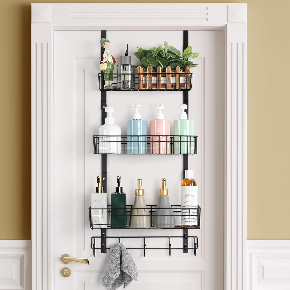 Over the Door Pantry Organizer 3 Tier Hanging Basket Back Door Storage Rack Shelf Metal Over the Door Shelves with 3 Baskets and 5 Hooks for Bathroom Kitchen Pantry Bedroom, Black ETELI