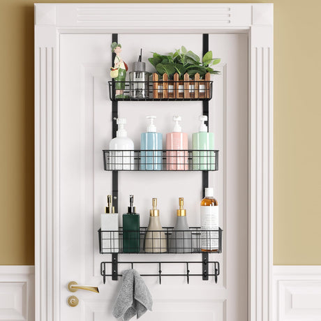 Over the Door Pantry Organizer 3 Tier Hanging Basket Back Door Storage Rack Shelf Metal Over the Door Shelves with 3 Baskets and 5 Hooks for Bathroom Kitchen Pantry Bedroom, Black ETELI