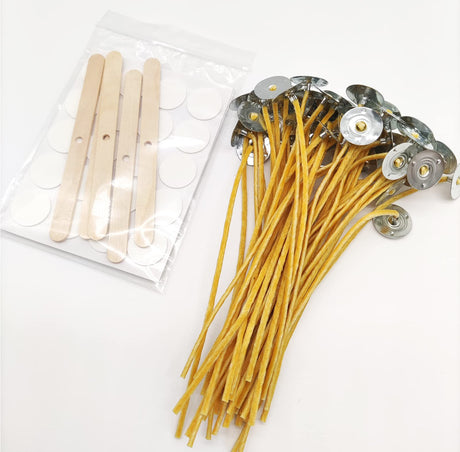 Nuozme 50 Pcs 6" Natural Candle Wicks,Pre-Waxed by 100% Beeswax & Tabbed with 60Pcs Candle Wick Stickers and 5 Pcs Wooden Candle Wick Centering Device, for Candle Making，Candle DIY Nuozme