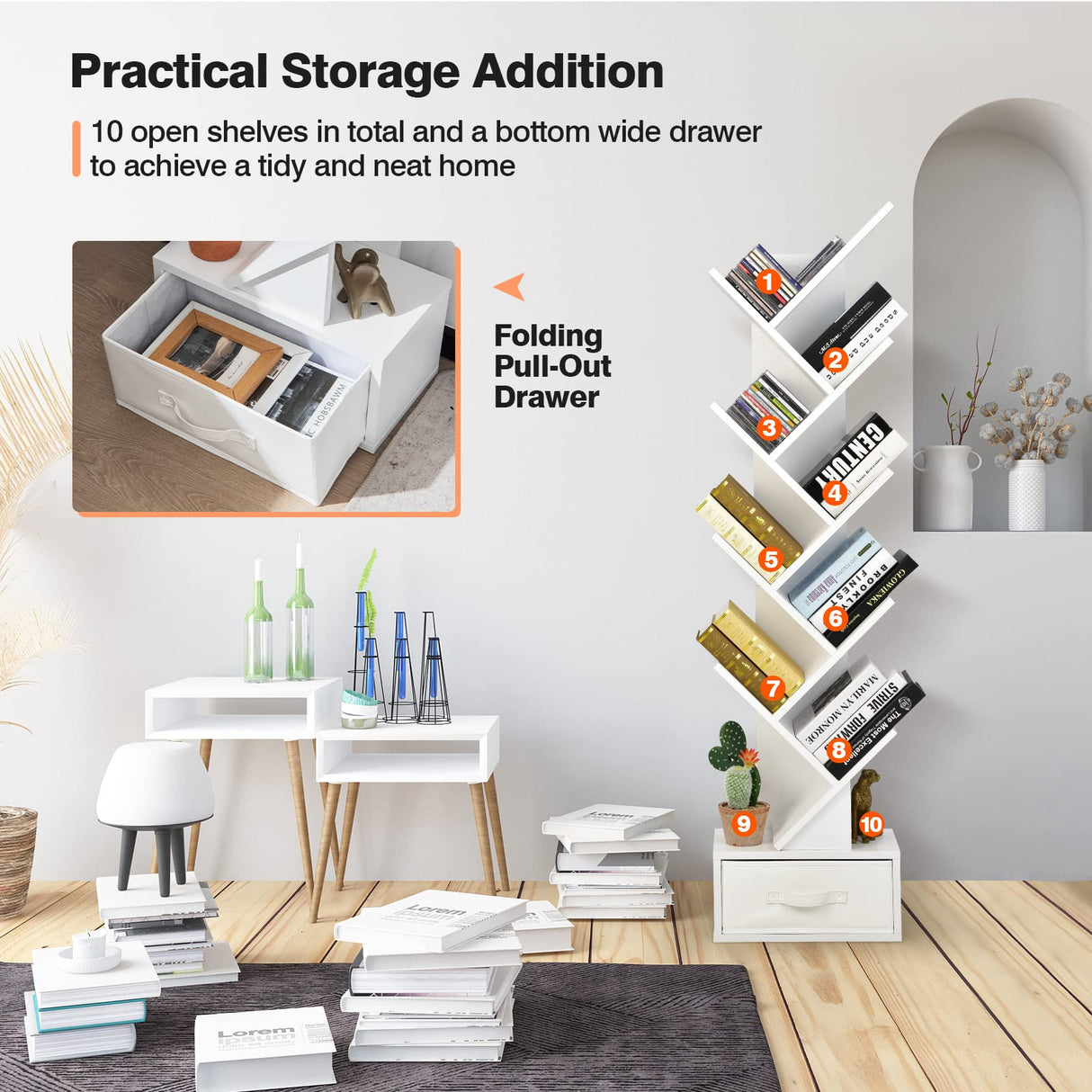Tangkula 10 Tier Tree Bookshelf with Drawer, Floor Standing Storage Rack for CDs, Movies & Books, Display Utility Shelves for Bedroom, Living Room & Home Office (White, 10 Tier) Tangkula