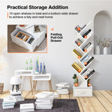 Tangkula 10 Tier Tree Bookshelf with Drawer, Floor Standing Storage Rack for CDs, Movies & Books, Display Utility Shelves for Bedroom, Living Room & Home Office (White, 10 Tier) Tangkula