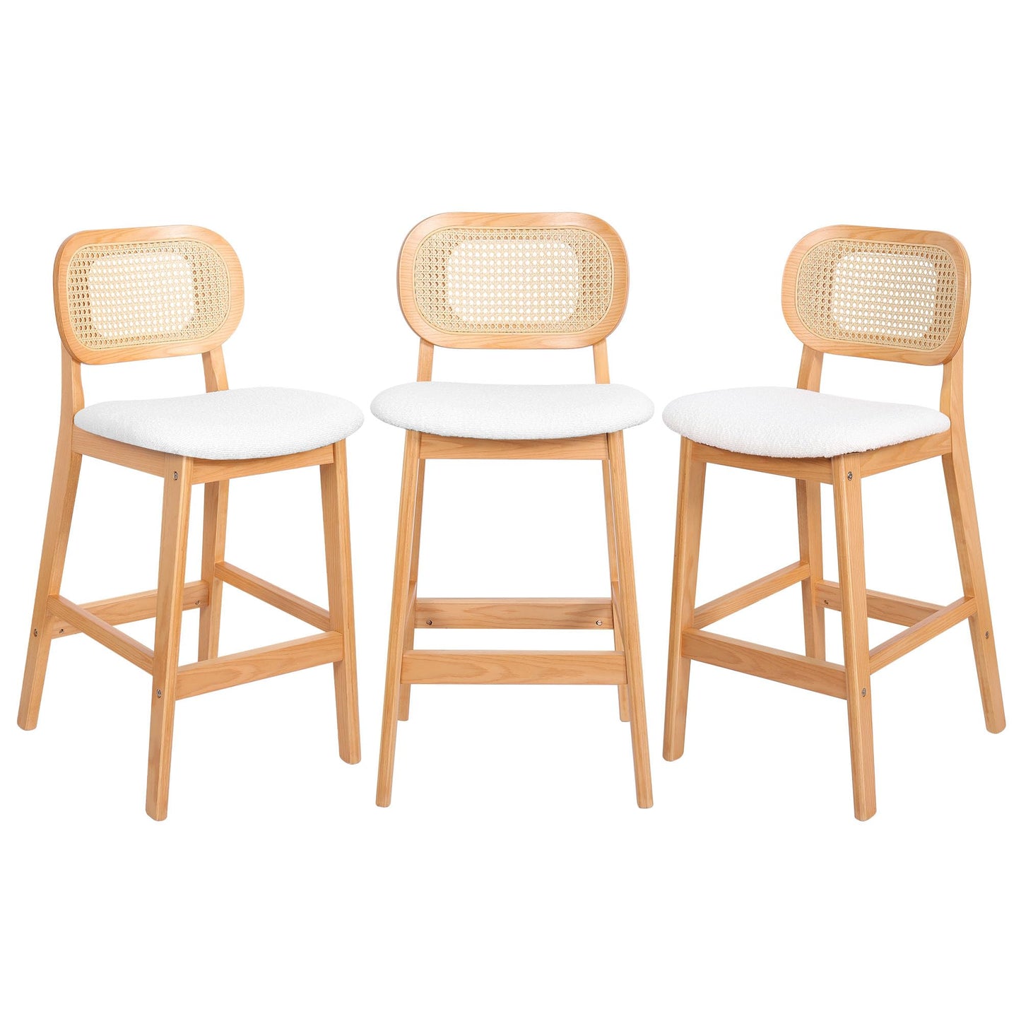 RUOVU Counter Height Bar Stools Set of 3, Rattan Barstools with Back and Natural Wood Frame, White Boucle Fabric Upholstered Bar Chairs, Mid Century Modern Farmhouse Counter Stool for Kitchen Island