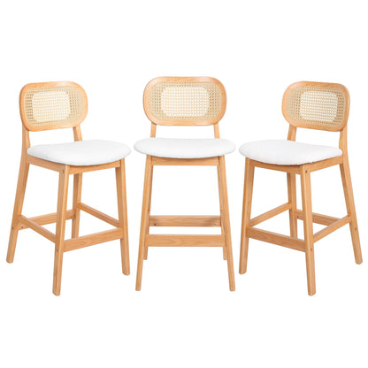 RUOVU Counter Height Bar Stools Set of 3, Rattan Barstools with Back and Natural Wood Frame, White Boucle Fabric Upholstered Bar Chairs, Mid Century Modern Farmhouse Counter Stool for Kitchen Island