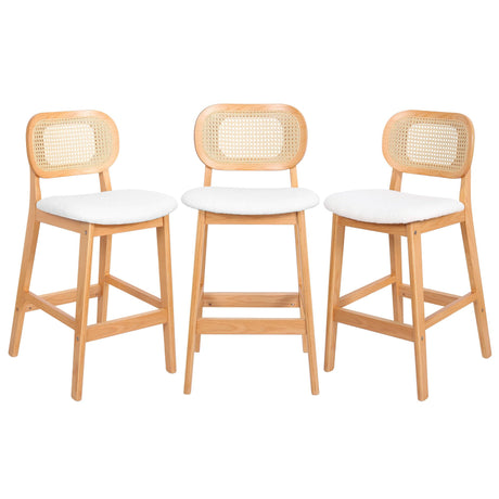 RUOVU Counter Height Bar Stools Set of 3, Rattan Barstools with Back and Natural Wood Frame, White Boucle Fabric Upholstered Bar Chairs, Mid Century Modern Farmhouse Counter Stool for Kitchen Island RUOVU