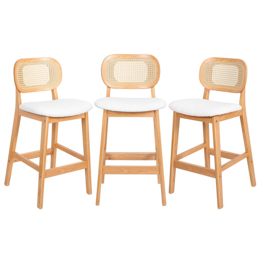 RUOVU Counter Height Bar Stools Set of 3, Rattan Barstools with Back and Natural Wood Frame, White Boucle Fabric Upholstered Bar Chairs, Mid Century Modern Farmhouse Counter Stool for Kitchen - WoodArtSupply