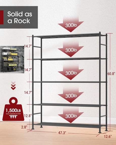 Sakugi Storage Shelves - 5 Tier Shelf Organizer, Heavy Duty Garage Shelving Unit with Leveling Feet, Stable Metal Shelves Organizer for Pantry, Kitchen and Closet, 47.3" W x 12.6" D x 60.8" H, Black Sakugi