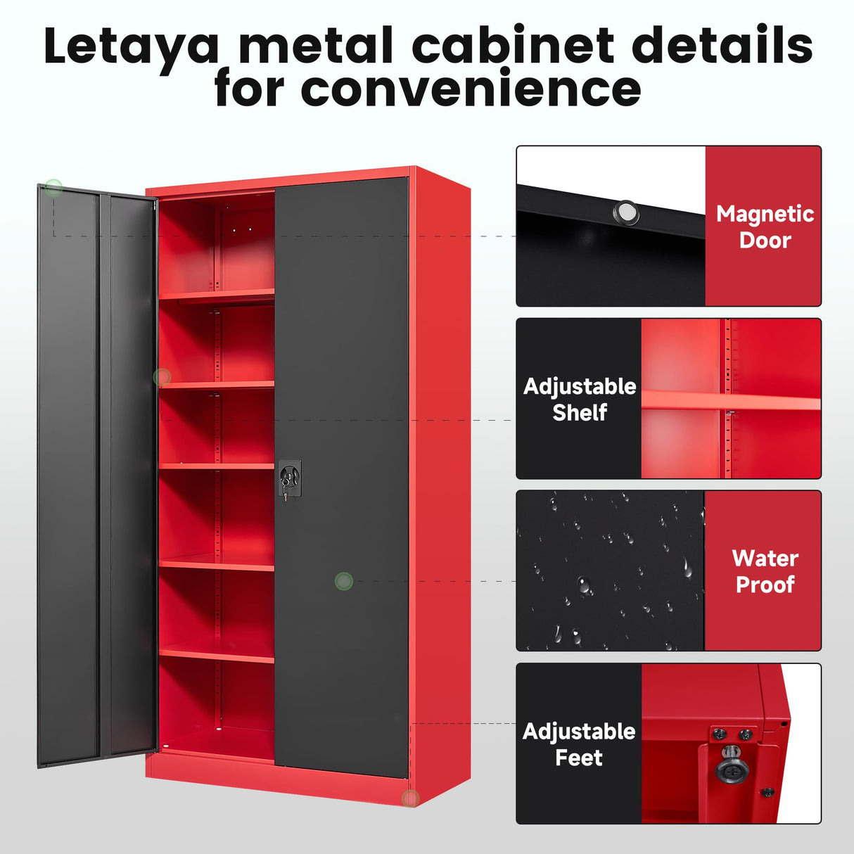 Letaya Metal Storage Cabinets with Lock, 71" Tall Locker Organizer Steel Cabinets, Adjustable Shelves 2 Doors for Home, Office, Warehouse,Garage,Industrial,Employee Lockers (Style B, Black Red) Letaya