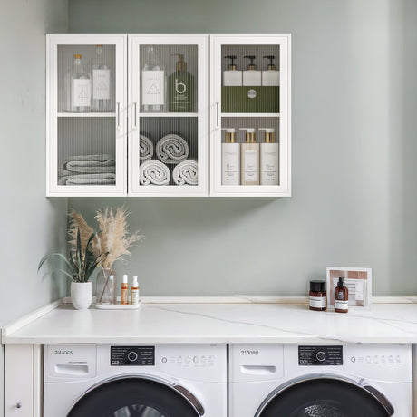 FIMELLO Wall Cabinet, Acrylic Glass Wall Mounted Storage Cabinets， Medicine Cabinet for Kitchen Garage Laundry, White, 3 Door FIMELLO