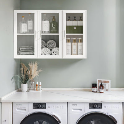 FIMELLO Wall Cabinet, Acrylic Glass Wall Mounted Storage Cabinets， Medicine Cabinet for Kitchen Garage Laundry, White, 3 Door
