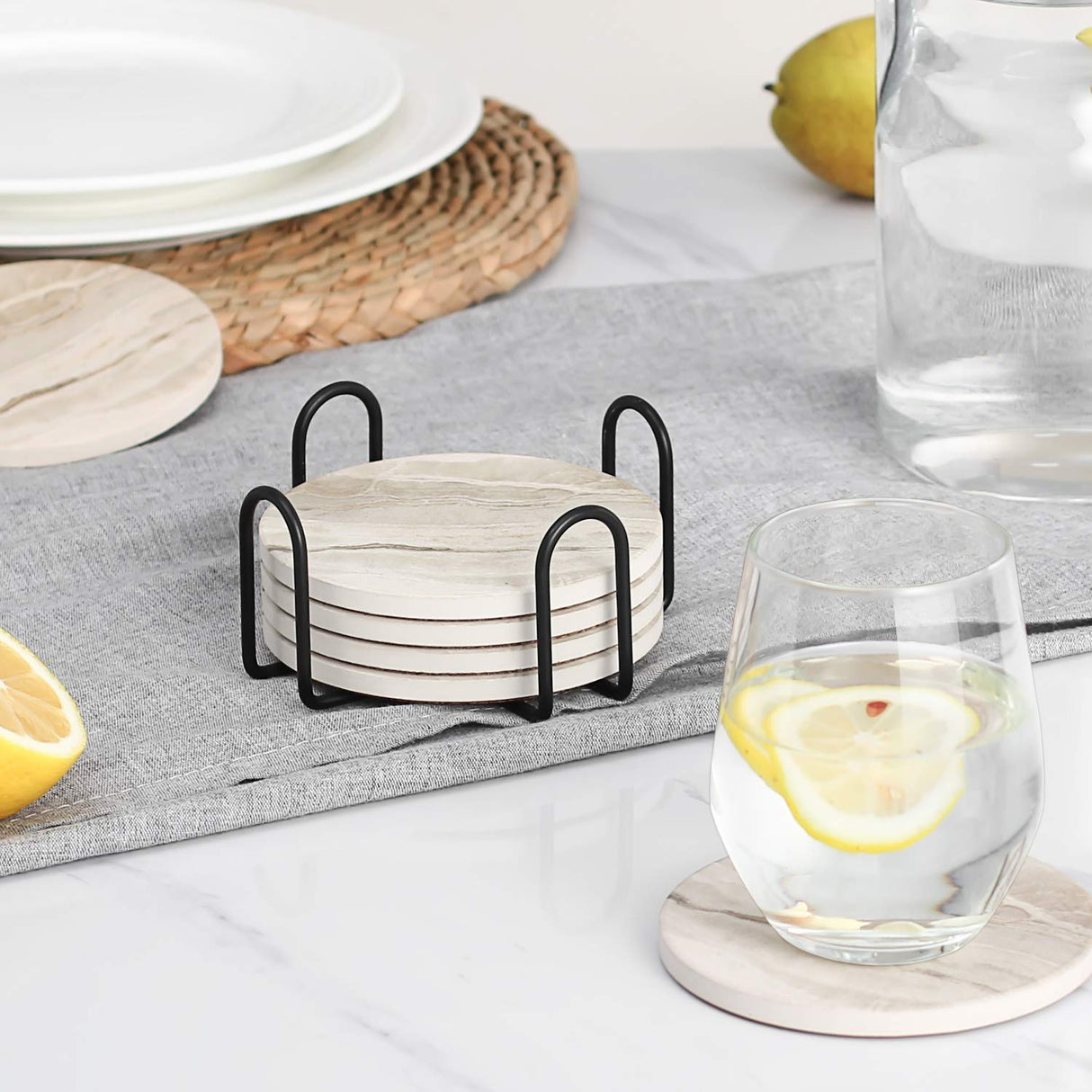 LIFVER Coasters Set of 6, Coasters for Drinks Absorbent Stone with Holder, Black Marble Style Ceramic Drink Coaster for Tabletop Protection, Coffee Table Decor Ideal for Home Decor House Warming Gifts LIFVER