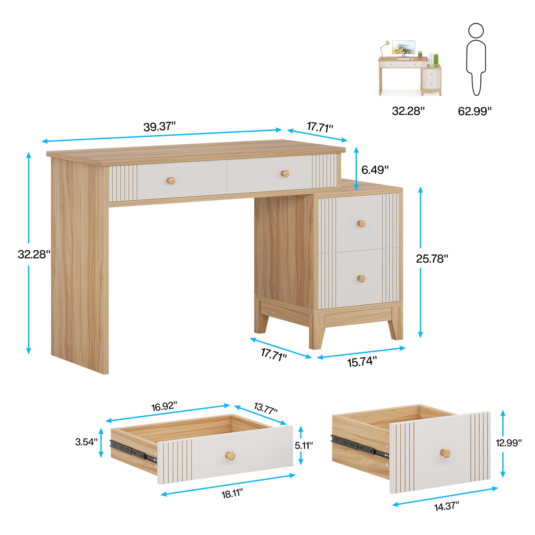 Tribesigns Computer Desk with 4 Drawers, 51-Inch Home Office Desks with Storage, Modern Wooden Executive Desk Study Writing Table Workstation for Small Space, Bedroom - WoodArtSupply