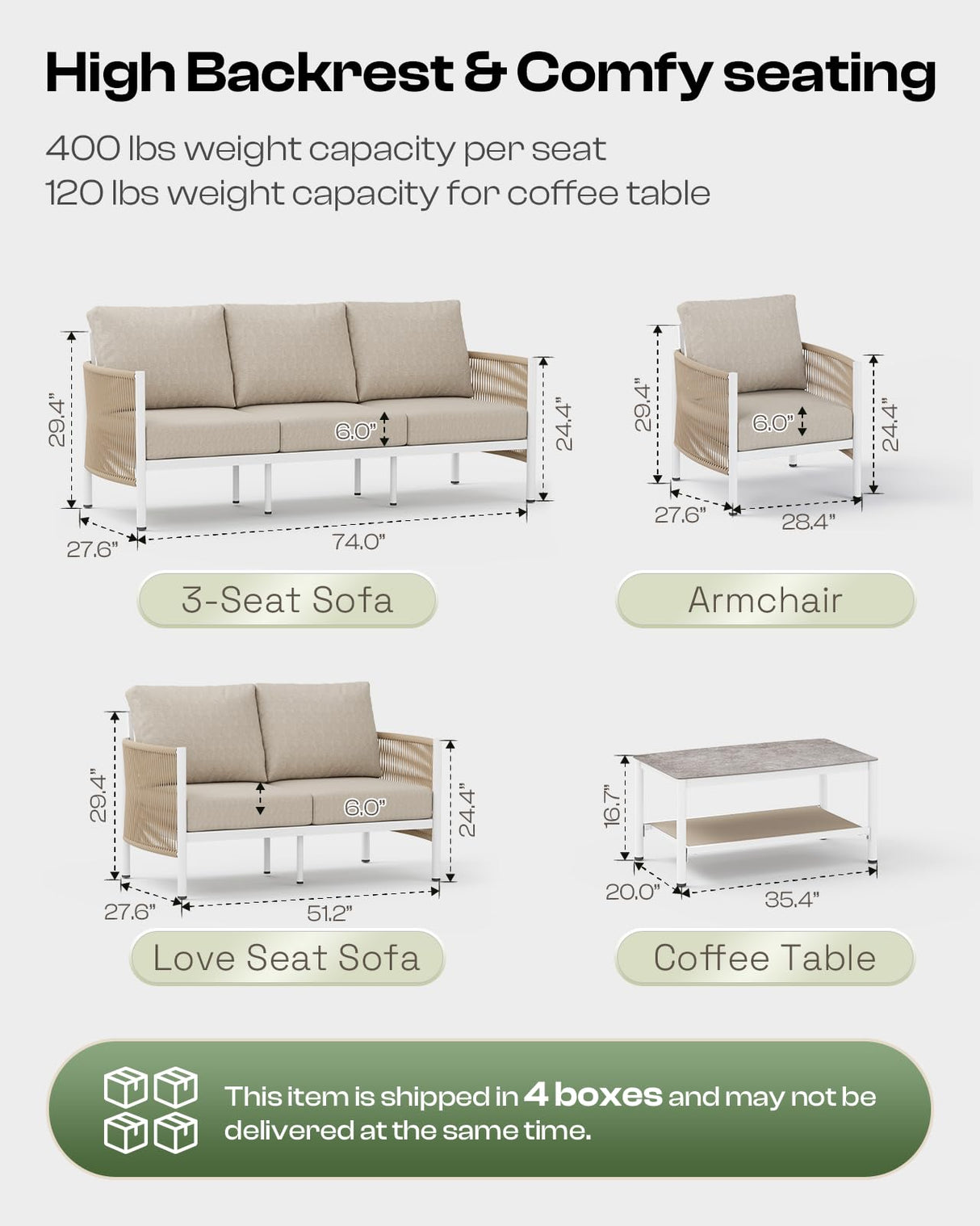 Oasbira Aluminum Outdoor Patio Furniture Set, HDPE Rope 5 Piece Modern Sectional Conversation Sets with Dual-Layer Coffee Table, All Weather Patio Couch Sofa with Thick Cushions, White Frame, Ivory Oasbira