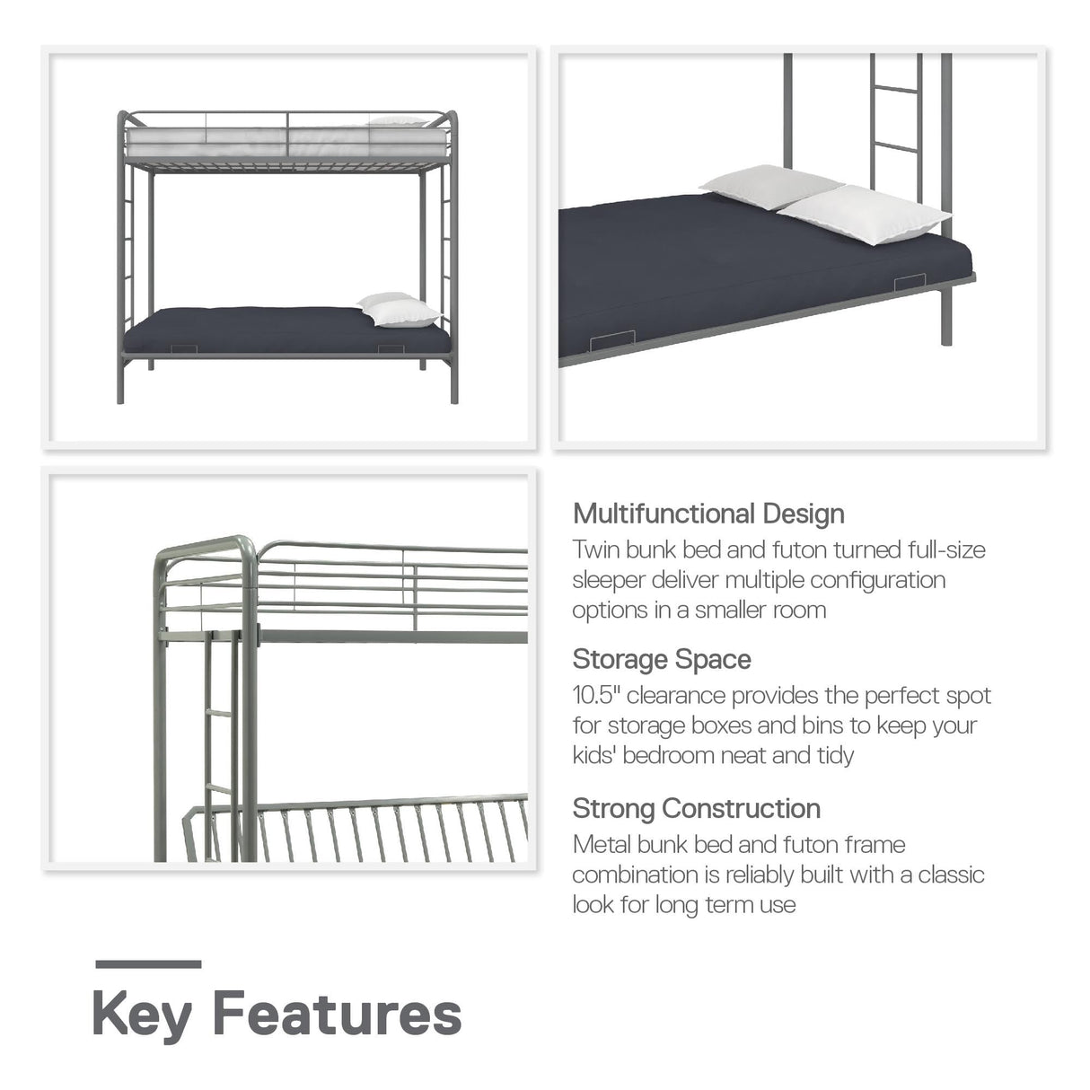 DHP Sammie Twin over Futon Metal Bunk Bed, Silver DHP