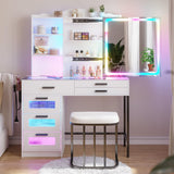 HENBC Vanity Desk with Sliding Mirror and Glass Desktop, LED Vanity Mirror with RGB Lights Desk and Chair, Dressers Vanity Table Set with Charging Station/Makeup Organizer/6 Drawers (White) HNEBC