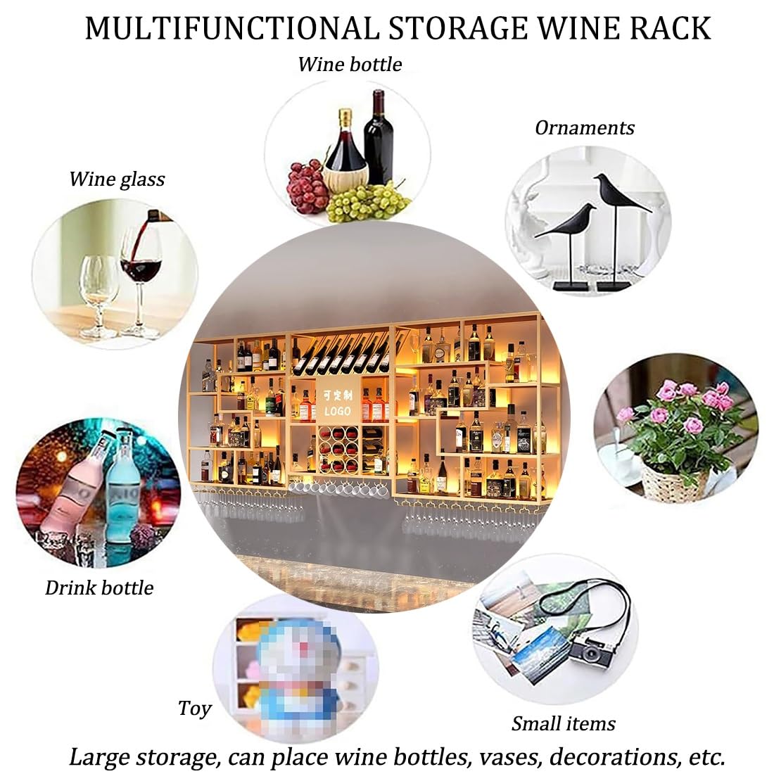 Metal Wine Rack Bar Shelves With LED Light Wall Mounted Kitchen Storage With Wine Glass Holder Liquor Shelf Large Floating Bar Liquor Bottle Whiskey Display Shelf for Kitchen Dining Room Bar Decoratio IRHIGBGX