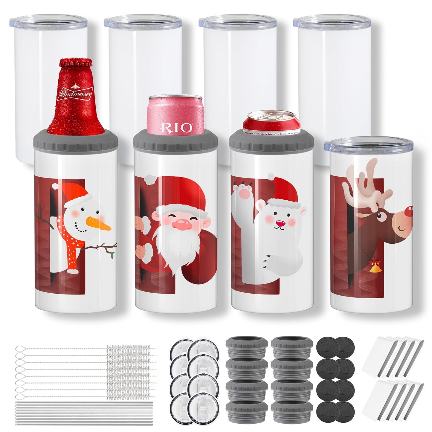 MURRICON 16 oz Sublimation Tumblers Blanks Straight,4-in-1 Sublimation Skinny Can Cooler,Stainless Steel Insulated Sublimation Tumblers,with Lid and Straw,8 Pack