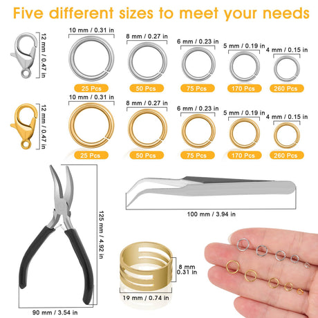 Anezus Jump Rings for Jewelry Making Supplies and Necklace Repair with Jump Ring Pliers and Open Jump Ring(1200Pcs Silver and Gold) anezus