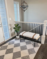 Nathan James Thatcher Upholstered Entryway Bench with Removable Boucle Cushion, Vegan Leather Straps, and Matte Black Metal Legs Nathan James