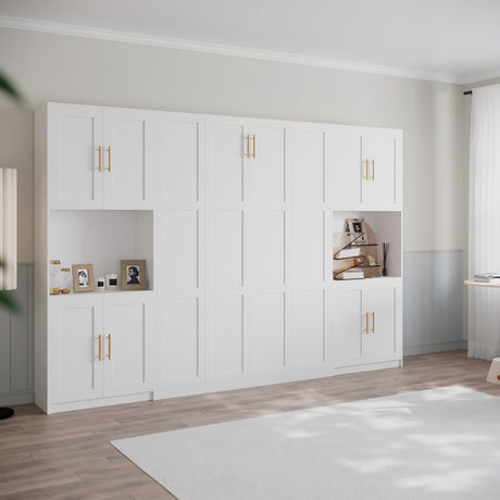 Mekminop Modern Queen Murphy Bed with Storage Cabinet and Open Shelves, Hidden Foldable Wall Cabinet Bed Frame with Wood Slat, Space-Saving, No Spring Box Required, White Mekminop