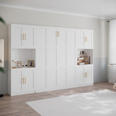 Mekminop Modern Queen Murphy Bed with Storage Cabinet and Open Shelves, Hidden Foldable Wall Cabinet Bed Frame with Wood Slat, Space-Saving, No Spring Box Required, White