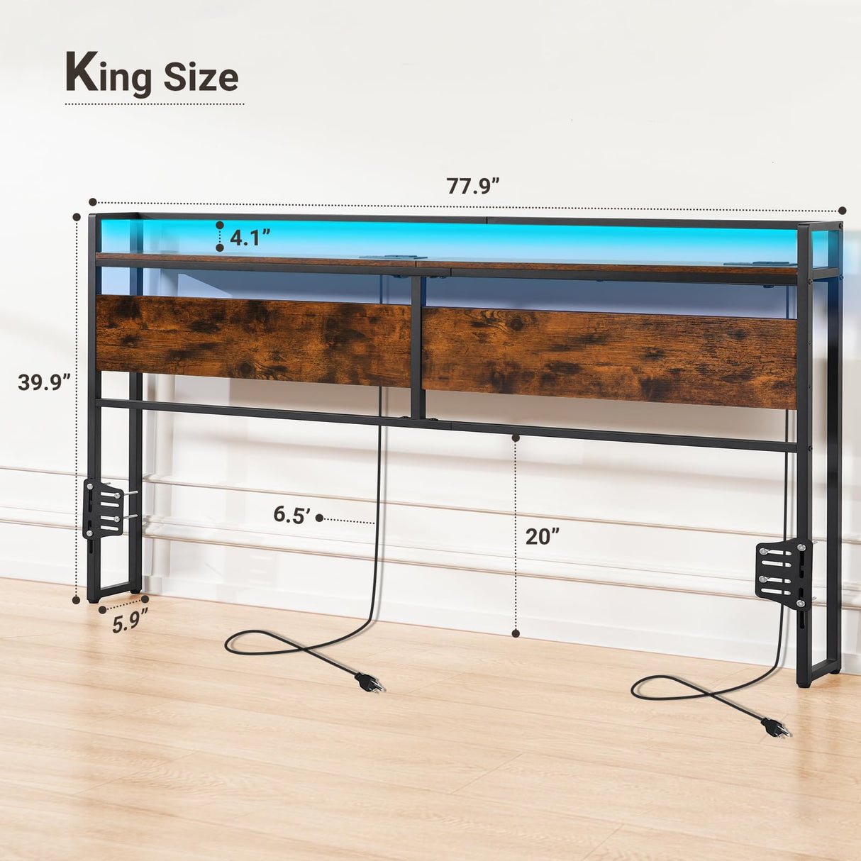 Rustic Brown ELYKEN King Size Headboard with Power Outlet & LED Strip Lighting ELYKEN