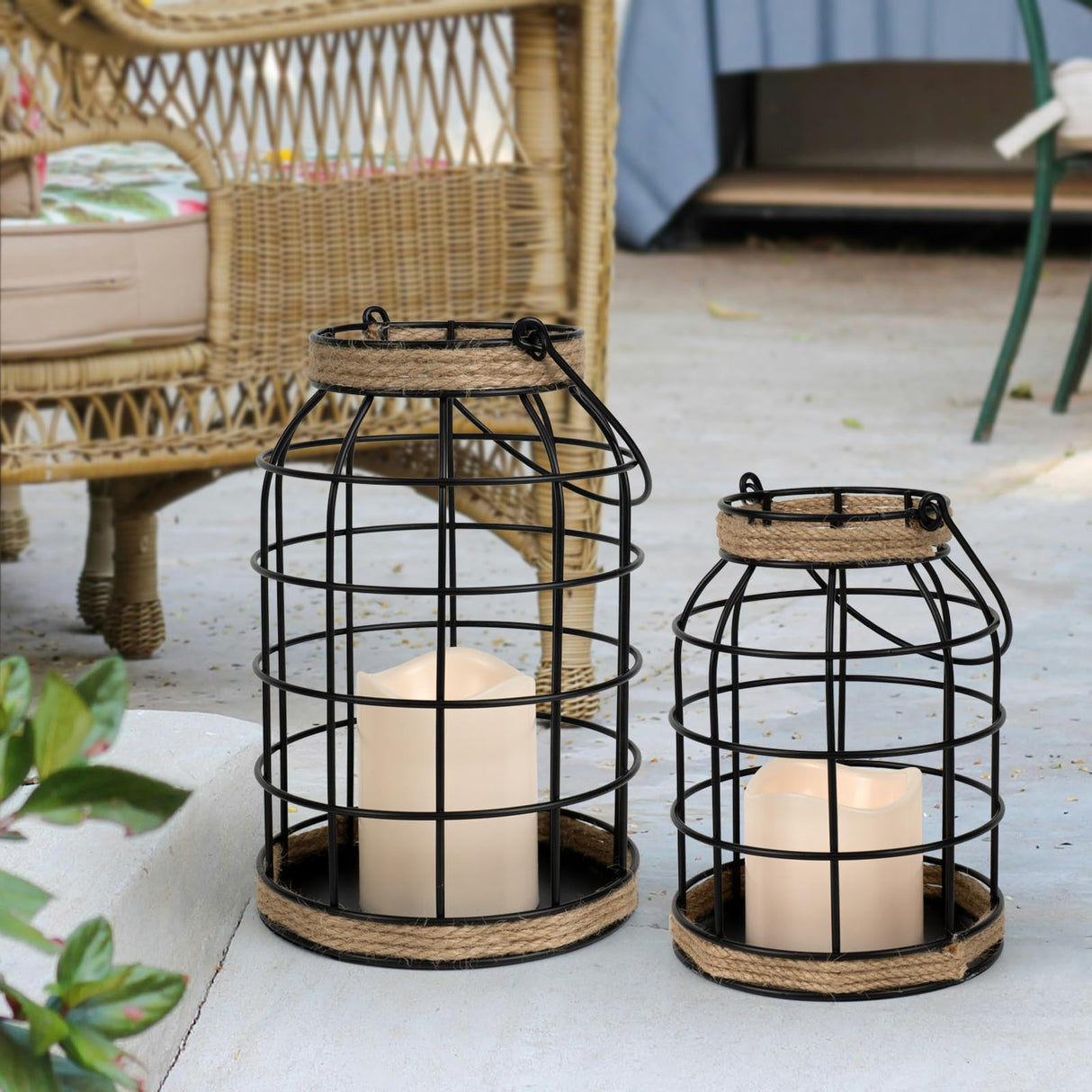 Lumeavetra Rustic Farmhouse Decorative Lantern Set of 2, Boho Lanterns with LED Candles, Modern Farmhouse Indoor Outdoor Decor for Living Room Patio Porch Fireplace Kitchen Dining Table Centerpiece Lumeavetra