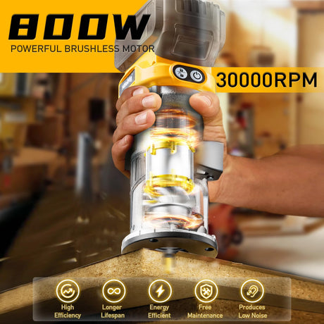 Cordless Compact Router for DeWalt 20V Battery (Bare Tool), 6 Variable Speeds Router Tool for Woodworking, 800W 30,000 RPM Fixed Base Wood Router with Trim Router Bits, Edge & Roller Guide, Dust Hood MtiolHig
