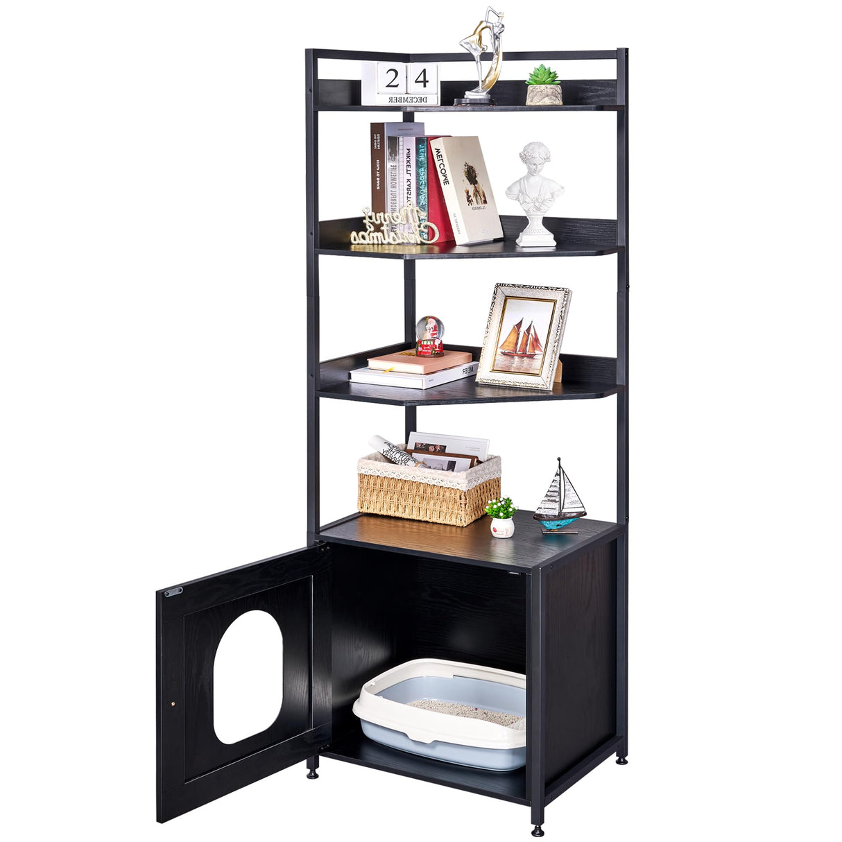 BEWISHOME Large Cat Litter Box Enclosure with 4 Tier Shelves and Doors, Hidden Cat Litter Box Furniture for Living Room, Industrial Indoor Cat House, Black, CMW06H BEWISHOME