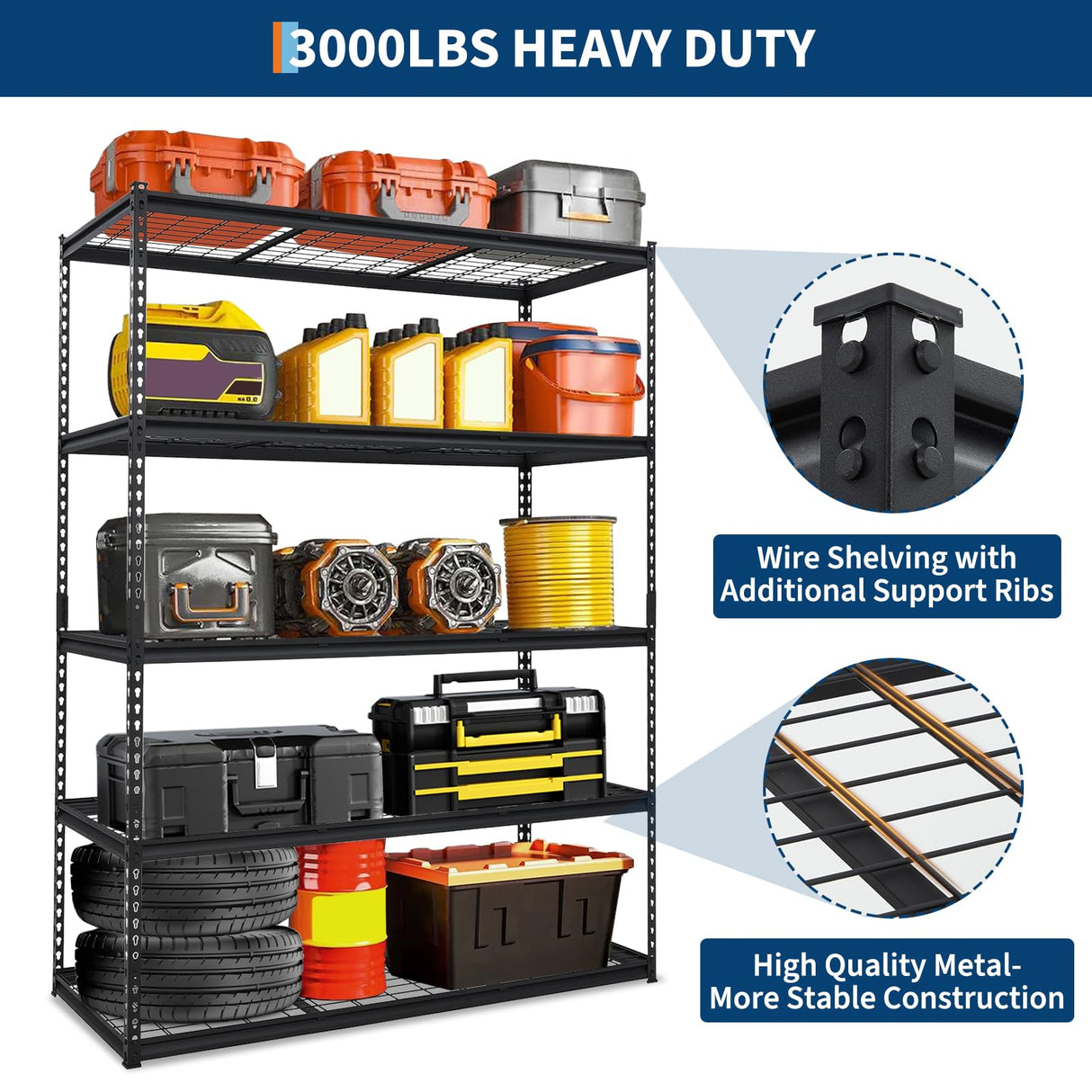 GarveeHome Garage Shelving, 5-Tier Heavy Duty Garage Shelving, 60 in L x 24 in W x 78 in H Storage Shelves Adjustable Height, Metal Shelves for Kitchen Pantry Basement Laundry, Easy Assemble GarveeHome