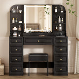 YYJ 42" Makeup Vanity Desk with Mirror and Lights, & Power Outl,Glass Top Big Vanity Table with 9 Drawers& 8 Storage Shelves,Dressing Table Set with Chair for Bedroom, Black.. YYJ