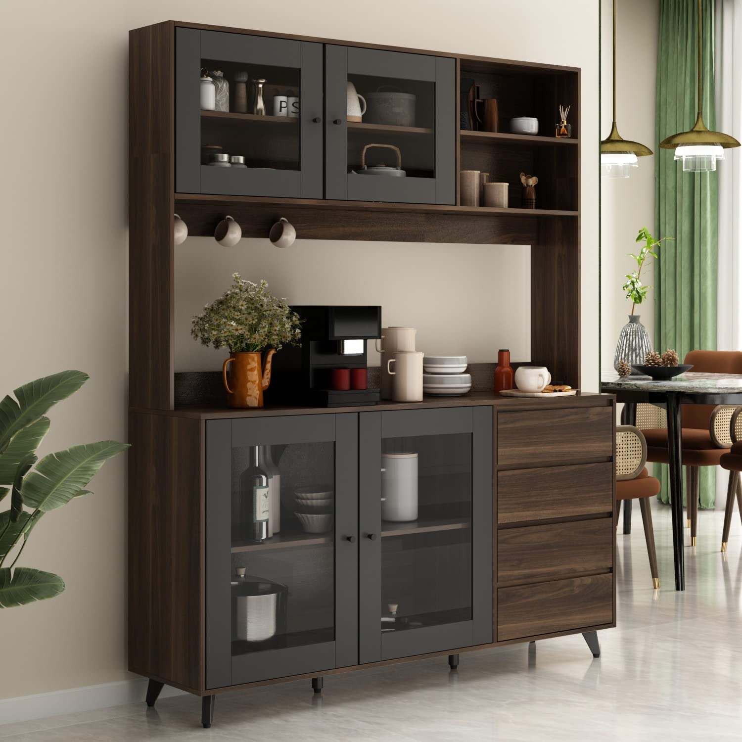 Overstock 63" W 74.8" W Buffet with Hutch, Freestanding Kitchen Pantry Dark Walnut - WoodArtSupply