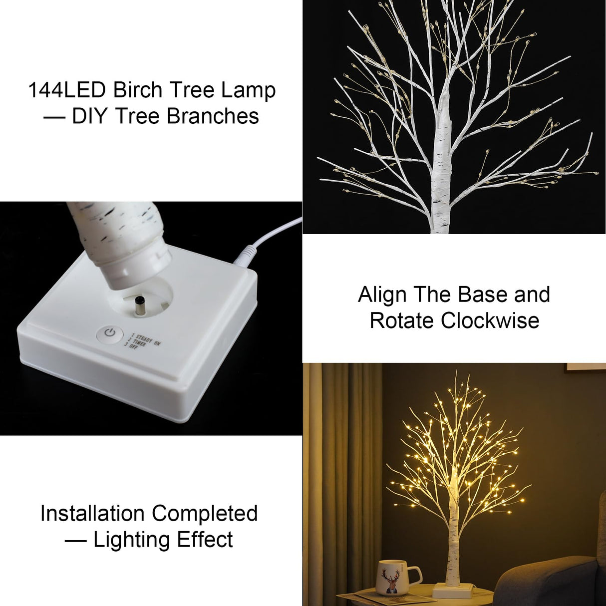 144 LED Artificial Tree Lamp with Timer, DIY Birch Tree with LED Lights, Lighted up Tree Lamp USB/Battery Powered, Fairy Light Spirit Tree for Table Home Wedding Bedroom Christmas (Warm White) PXBNIUYA