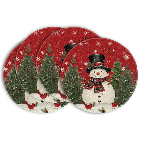 Artoid Mode Snowman Trees Snowflakes Christmas Round Placemats Set of 4, 14 Inch Winter Round Table Mats for Dining Decoration Artoid Mode