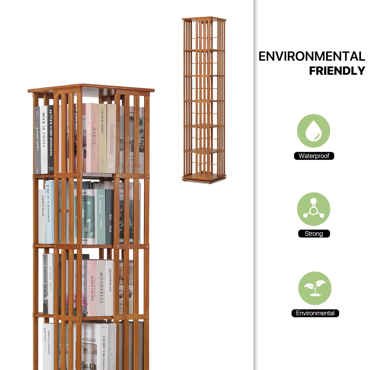Magshion Rotating Bookcase - 6-Tier Corner Shelf Bamboo Media Storage, 70.5" High Revolving Floor Standing Organizer Living Room Bedroom 360 Degree Rotating Storage (Natural, Stripe Guardrail) Magshion
