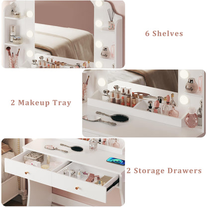 ALEXNUTRE Makeup Vanity Desk with Mirror and Lights, Vanity with Power Outlet, 3 Lighting Color Adjustable for Bedroom, Large Drawers and Storage Shelves, White - WoodArtSupply