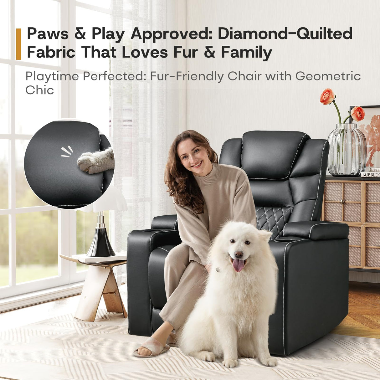 ANJ Power Recliner Chair with USB Port, Electric PU Leather Home Theater Seating for Living Room, Movie Reclining Chairs with Blue Ambient Lighting, Hidden Arm Storage, Cup Holders (Black) ANJ