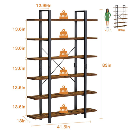 FRAPOW Vintage Industrial Rustic 6-Tier Bookshelf - 83-Inch Tall Bookcase for Home & Office Storage FRAPOW