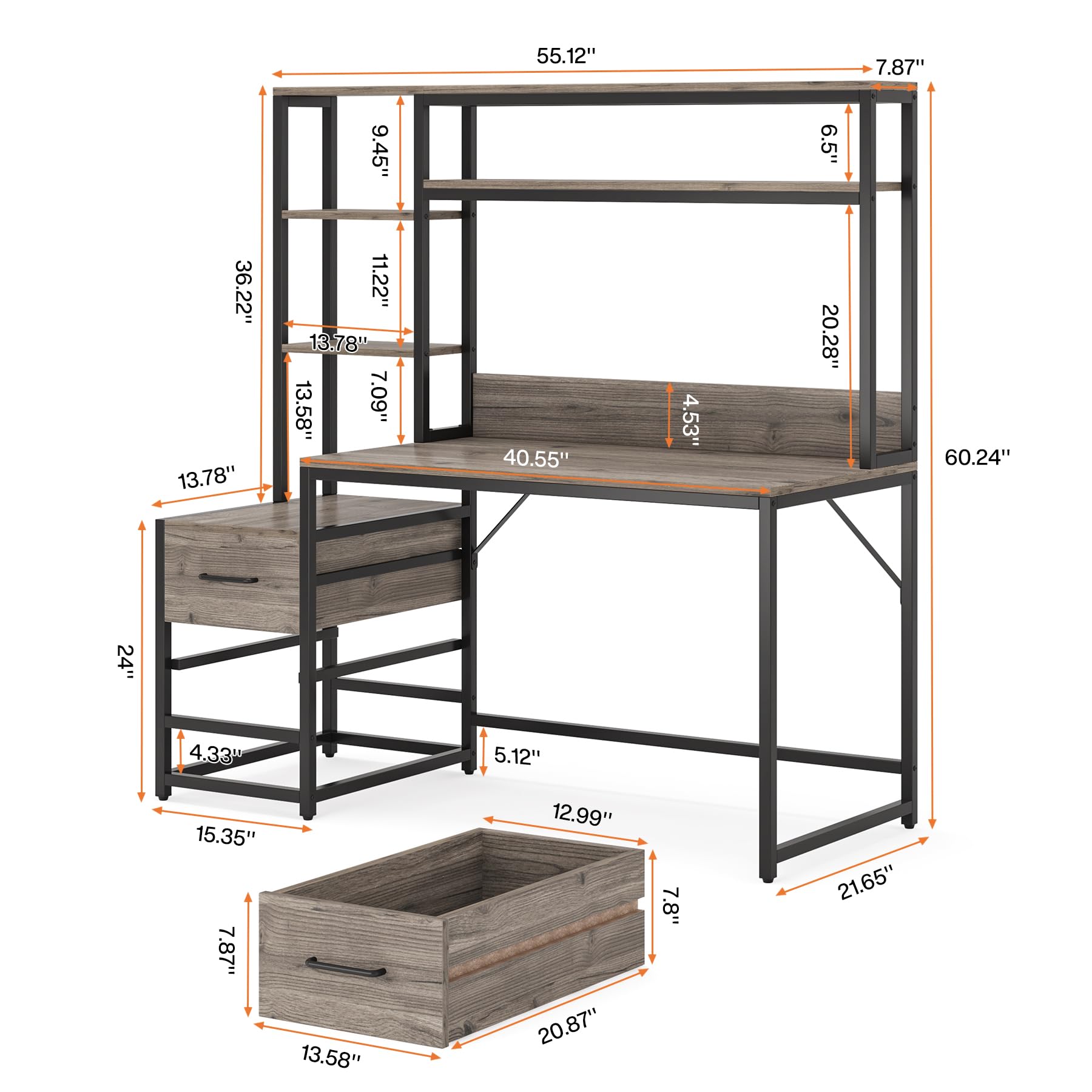 Tribesigns 55 Inch Computer Desk with 2 Drawers and Storage Shelves, Rustic Office Desk with Hutch, Study Writing Gaming Table Laptop Workstation for Home Office(Grey) - WoodArtSupply